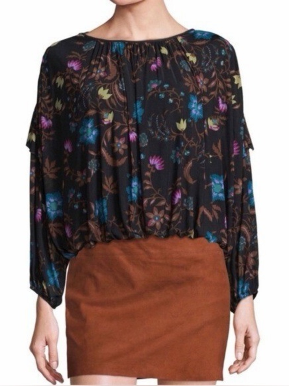 Free People Black Floral Wildflower Honey Mesh Ruffle Boho Romantic Blouse M